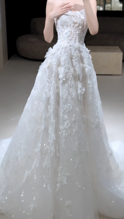 Glam A-Line Tulle Appliques Long Wedding Dress White Bridal Gown DP08305