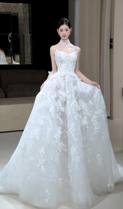 Glam A-Line Tulle Appliques Long Wedding Dress White Bridal Gown DP08305