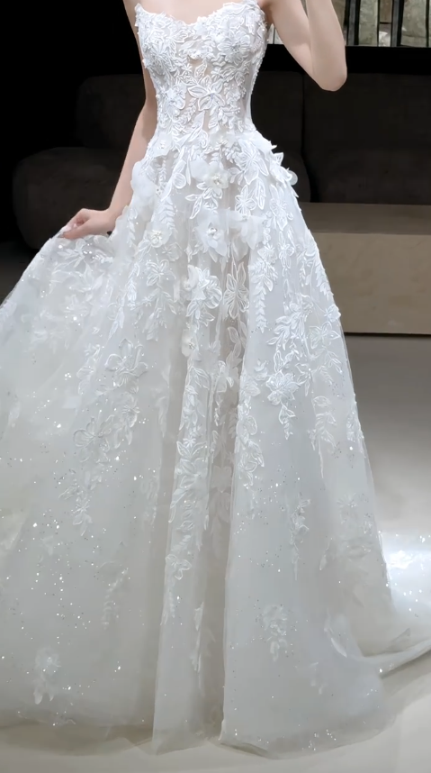 Glam A-Line Tulle Appliques Long Wedding Dress White Bridal Gown DP08305