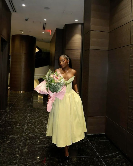 Süßes Ballkleid Gelb Satin Langes Geburtstagskleid Ballkleid Baddie Sommer Geburtstagsoutfit DP1012