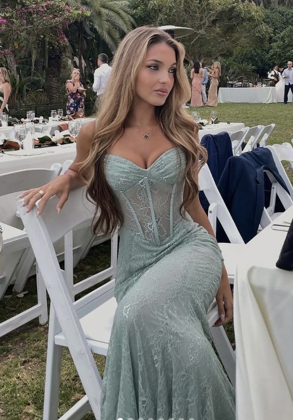 Sexy Meerjungfrau Spitze Grün Langes Geburtstagskleid Ballkleid Baddie Sommer Geburtstagsoutfit DP1056