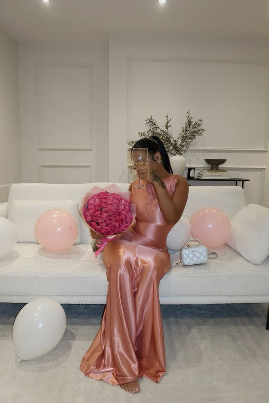 Süßes A-Linie U-Ausschnitt Rosa Satin Langes Geburtstagskleid Ballkleid Baddie Sommer Geburtstagsoutfit DP1070
