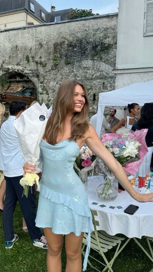 Sexy Etuikleid mit Spaghettiträgern, blaue Pailletten, kurzes Sommer-Geburtstagskleid, Hoco-Kleid, Geburtstagsoutfit, Mini-Partykleider zum 18. Geburtstag, DP1091