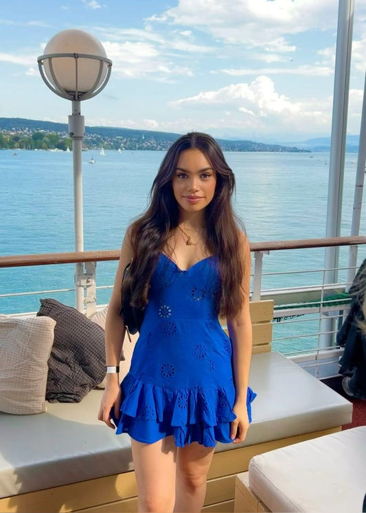 Süßes Etuikleid mit Spaghettiträgern, königsblau, kurzes Sommer-Geburtstagskleid, Hoco-Kleid, Geburtstagsoutfit, Mini-Partykleider zum 18. Geburtstag, DP1095
