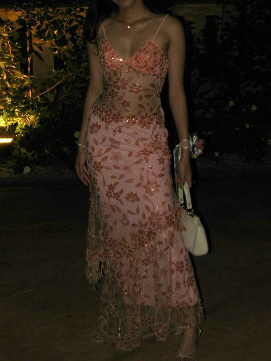 Elegantes Meerjungfrau Spaghettiträger Pailletten Rosa Langes Geburtstagskleid Ballkleid Baddie Sommer Outfit zum 20. Geburtstag DP1129