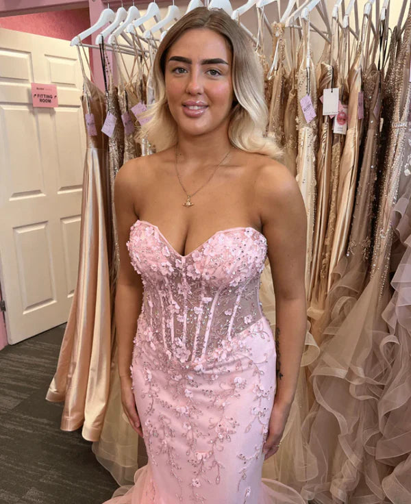 Elegantes Meerjungfrau-Kleid mit herzförmigem Ausschnitt und Spitze, rosa, lang, für den Geburtstag, Abschlussball, Baddie, Sommer-Outfit zum 20. Geburtstag, DP1131