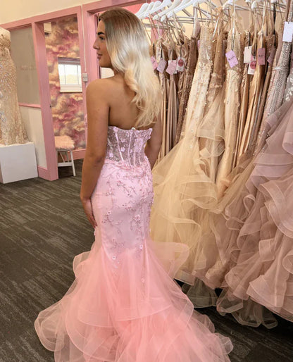 Elegantes Meerjungfrau-Kleid mit herzförmigem Ausschnitt und Spitze, rosa, lang, für den Geburtstag, Abschlussball, Baddie, Sommer-Outfit zum 20. Geburtstag, DP1131