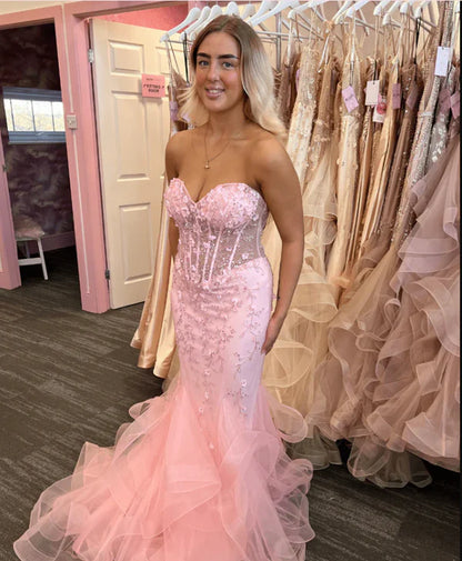 Elegantes Meerjungfrau-Kleid mit herzförmigem Ausschnitt und Spitze, rosa, lang, für den Geburtstag, Abschlussball, Baddie, Sommer-Outfit zum 20. Geburtstag, DP1131
