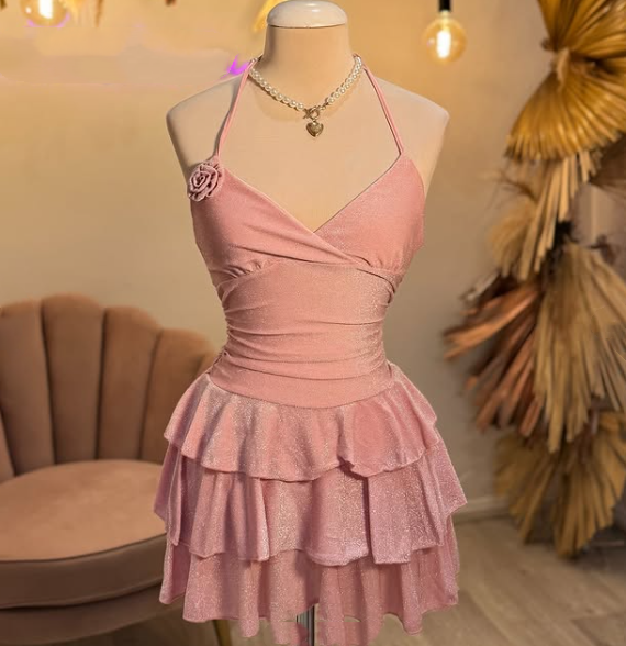 Süßes A-Linie Spaghettiträger Pailletten Rosa Kurzes Sommer Geburtstagskleid Hoco Kleid Geburtstagsoutfit 21. Geburtstag Mini Partykleider DP1134