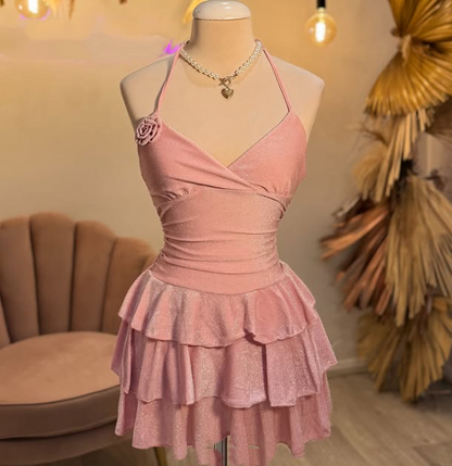 Süßes A-Linie Spaghettiträger Pailletten Rosa Kurzes Sommer Geburtstagskleid Hoco Kleid Geburtstagsoutfit 21. Geburtstag Mini Partykleider DP1134