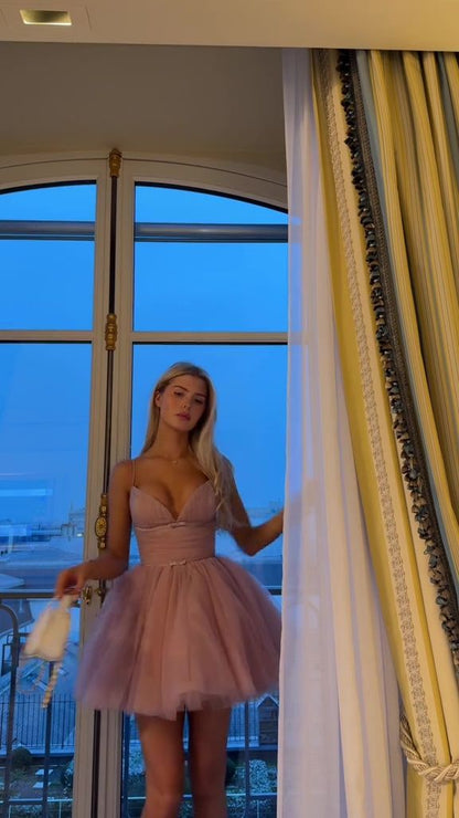 Süßes Ballkleid mit Spaghettiträgern, rosa, kurzes Sommer-Geburtstagskleid, Hoco-Kleid, Geburtstagsoutfit, 19. Geburtstag, Mini-Cocktailkleider, DP1135
