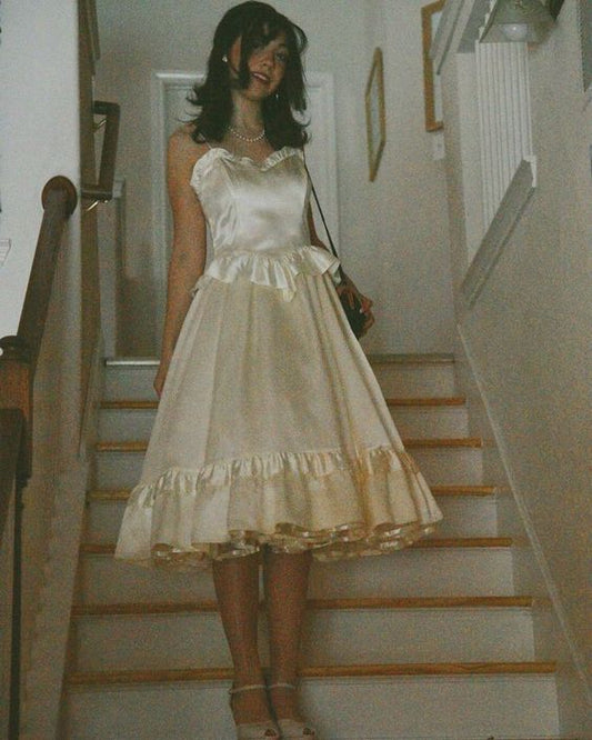 Vintage A-Linie Spaghettiträger Champagner Sommerkleid zum 20. Geburtstag Hoco Kleid Geburtstagsoutfit 18. Geburtstag Knielange Partykleider DP1164