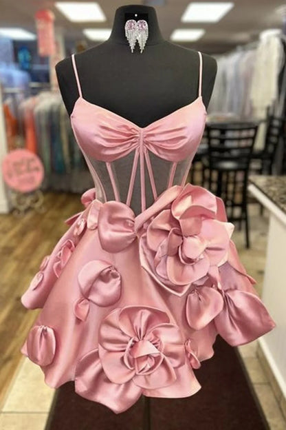 Robe de bal sexy à bretelles spaghetti en satin rose, courte, tenue d'été pour 20e anniversaire, tenue Hoco, mini robe de soirée pour 18e anniversaire, DP1172
