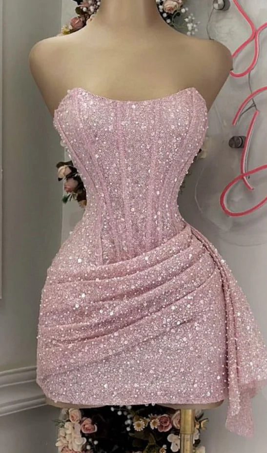 Sexy Etuikleid, trägerlos, Pailletten, kurz, Sommerkleid zum 20. Geburtstag, Hoco-Kleid, Geburtstagsoutfit, Mini-Partykleider zum 18. Geburtstag, DP1175