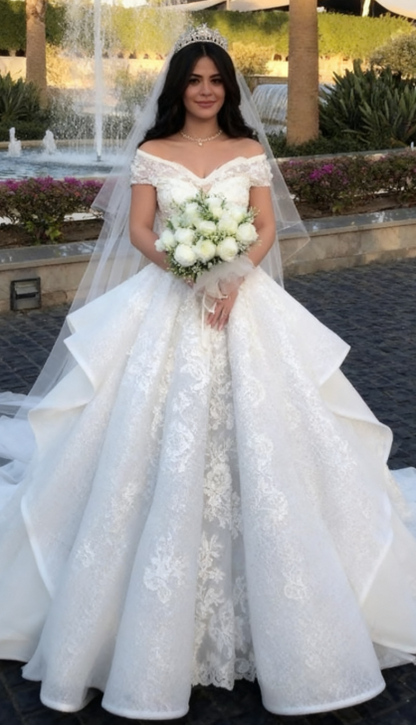 Vintage Bridal Gown Ball Gown Off The Shoulder White Lace Wedding Dresses Minimalist Bridal Gowns DP1191