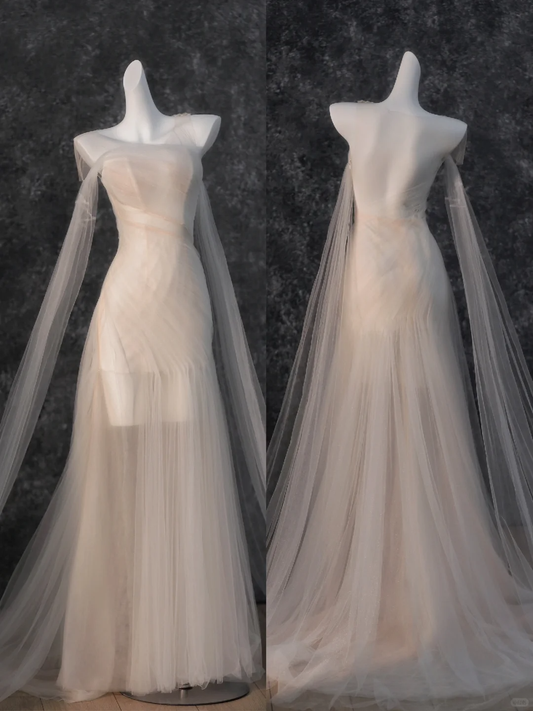 Robe de mariée vintage sirène bustier en tulle blanc à manches longues, robe de mariée minimaliste DP1207