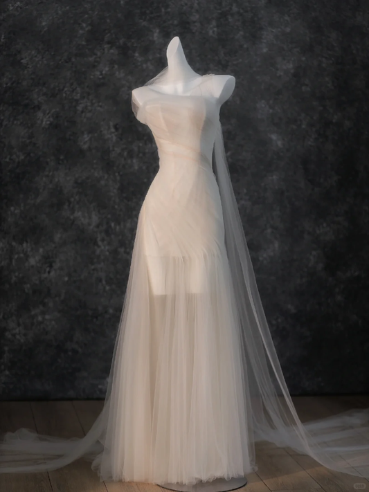 Robe de mariée vintage sirène bustier en tulle blanc à manches longues, robe de mariée minimaliste DP1207