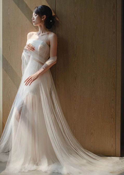 Vintage Bridal Gown Mermaid Strapless White Tulle Long Sleeves Wedding Dresses Minimalist Bridal Gowns DP1207