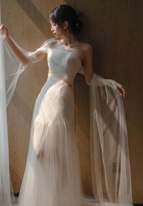 Vintage Bridal Gown Mermaid Strapless White Tulle Long Sleeves Wedding Dresses Minimalist Bridal Gowns DP1207