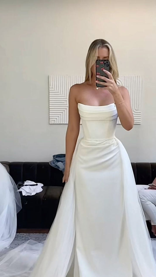 Vintage Bridal Gown Sheath Strapless White Satin Long Wedding Dresses Minimalist Bridal Gowns DP1213