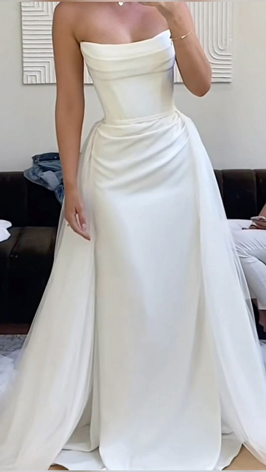 Robe de mariée vintage fourreau bustier en satin blanc, longue, minimaliste, DP1213