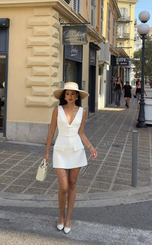 Sexy A Line V Neck White Satin Short Summer Birthday Dress Hoco Dress Birthday Outfit 16th Birthday Mini Party Dresses DP1262
