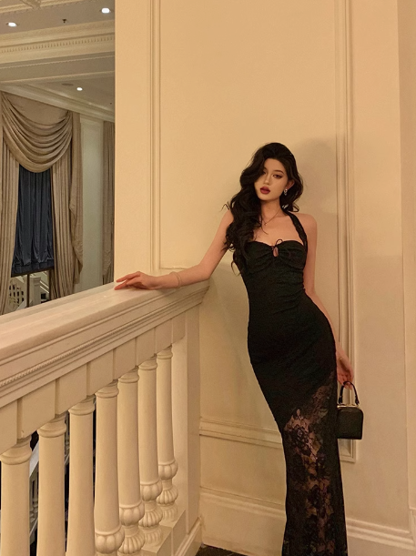 Elegantes Meerjungfrau-Spaghettiträger-Schwarzes 21. Geburtstagskleid Partykleid Geburtstags-Outfits Geburtstagskleid-Ideen für Frauen DP1281