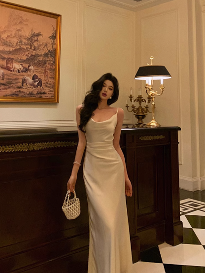 Elegantes Meerjungfrau-Satin-Elfenbein-ärmelloses Kleid zum 21. Geburtstag Partykleid Geburtstags-Outfits Geburtstagskleid-Ideen für Frauen DP1289