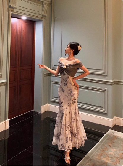 Edles Meerjungfrauen-Kleid mit schulterfreiem, floralem Muster, langes Partykleid zum 18. Geburtstag, Outfits zum 21. Geburtstag, Geburtstagskleid-Ideen für Frauen, DP1304