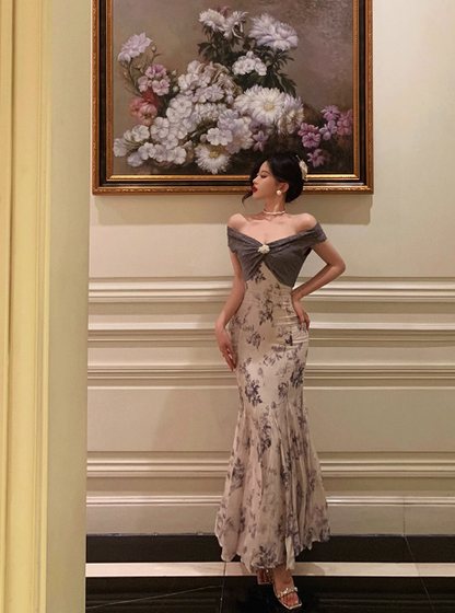 Edles Meerjungfrauen-Kleid mit schulterfreiem, floralem Muster, langes Partykleid zum 18. Geburtstag, Outfits zum 21. Geburtstag, Geburtstagskleid-Ideen für Frauen, DP1304