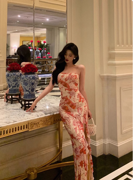 Elegantes Meerjungfrauen-Kleid, trägerlos, rosa, geblümt, ärmellos, 21. Geburtstagskleid, Partykleid, Geburtstags-Outfits, Geburtstagskleid-Ideen für Frauen, DP1306