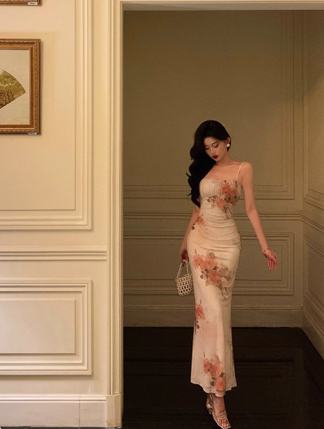 Edle Meerjungfrau Spaghettiträger Blumen Chiffon Langes Kleid zum 18. Geburtstag Partykleid 21. Geburtstag Outfits Geburtstagskleid Ideen für Frauen DP1309