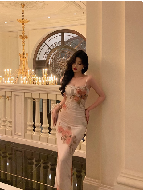 Edle Meerjungfrau Spaghettiträger Blumen Chiffon Langes Kleid zum 18. Geburtstag Partykleid 21. Geburtstag Outfits Geburtstagskleid Ideen für Frauen DP1309