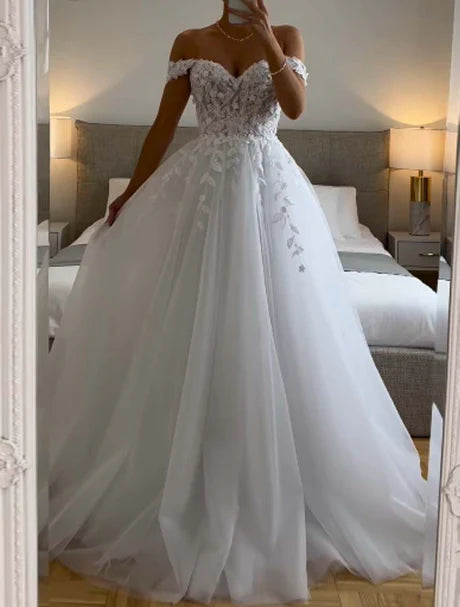 Ethereal Wedding Dress Ball Gown Off The Shoulder Tulle White Wedding Dresses Bridal Gowns DP1321