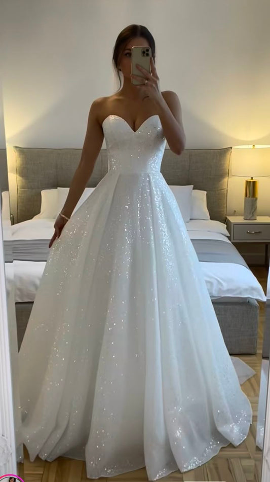Classic Bridal Gown A Line Sweetheart Sequin White Wedding Dresses Minimalist Bridal Gowns DP1323