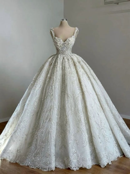 Classic Bridal Gown Ball Gown Spaghetti Straps Sequin White Wedding Dresses Minimalist Bridal Gowns DP1330