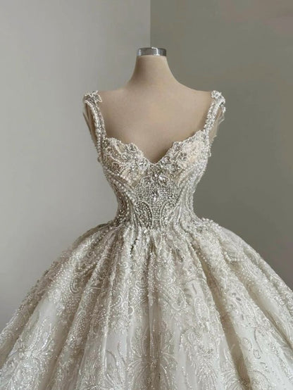Classic Bridal Gown Ball Gown Spaghetti Straps Sequin White Wedding Dresses Minimalist Bridal Gowns DP1330