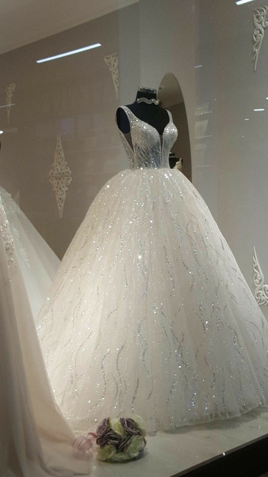 Ethereal Wedding Dress Ball Gown V Neck Sequin White Wedding Dresses Bridal Gowns DP1337