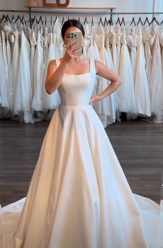 Classic Bridal Gown A line Square Satin White Summer Long Wedding Dresses Minimalist Bridal Gowns DP1380