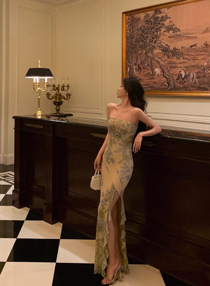 Elegantes Meerjungfrauen-Kleid, trägerlos, grün, geblümt, ärmellos, 21. Geburtstagskleid, Partykleid, Geburtstags-Outfits, Geburtstagskleid-Ideen für Frauen, DP1383