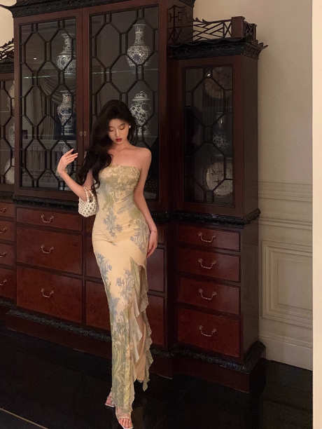 Elegantes Meerjungfrauen-Kleid, trägerlos, grün, geblümt, ärmellos, 21. Geburtstagskleid, Partykleid, Geburtstags-Outfits, Geburtstagskleid-Ideen für Frauen, DP1383