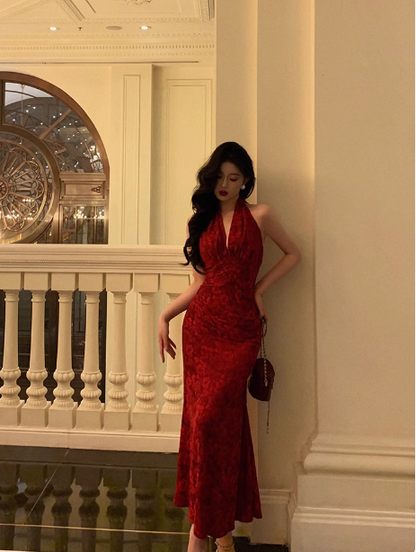 Elegantes Etuikleid mit Neckholder, ärmellos, Burgunderrot, 21. Geburtstagskleid, Partykleid, Geburtstags-Outfits, Geburtstagskleid-Ideen für Frauen, DP1385
