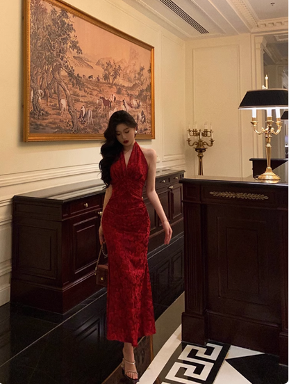 Elegantes Etuikleid mit Neckholder, ärmellos, Burgunderrot, 21. Geburtstagskleid, Partykleid, Geburtstags-Outfits, Geburtstagskleid-Ideen für Frauen, DP1385