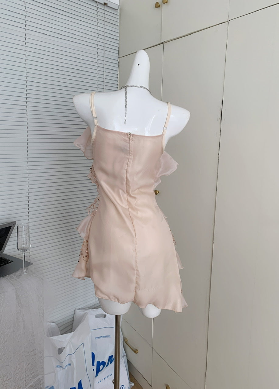 Sweet A Line Spaghetti Straps Pink Sequin Casual Dress Summer Short Holiday Dresses DP1398