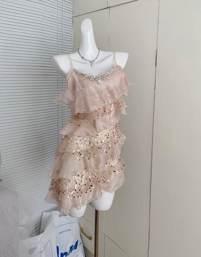Sweet A Line Spaghetti Straps Pink Sequin Casual Dress Summer Short Holiday Dresses DP1398