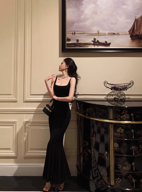 Elegant Mermaid Square Black Sleeveless 23rd Birthday Dress Party Gown Birthday Outfits Birthday Dress Ideas For Women DP1427