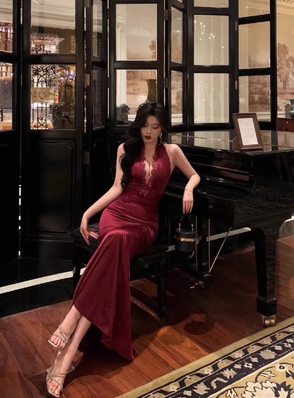 Elegant Mermaid Halter Burgundy 21st Birthday Dress Party Gown Birthday Outfits Birthday Dress Ideas For Women DP1443