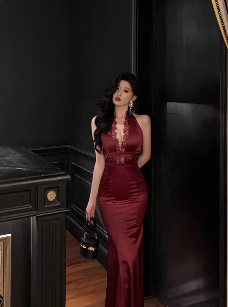Elegant Mermaid Halter Burgundy 21st Birthday Dress Party Gown Birthday Outfits Birthday Dress Ideas For Women DP1443
