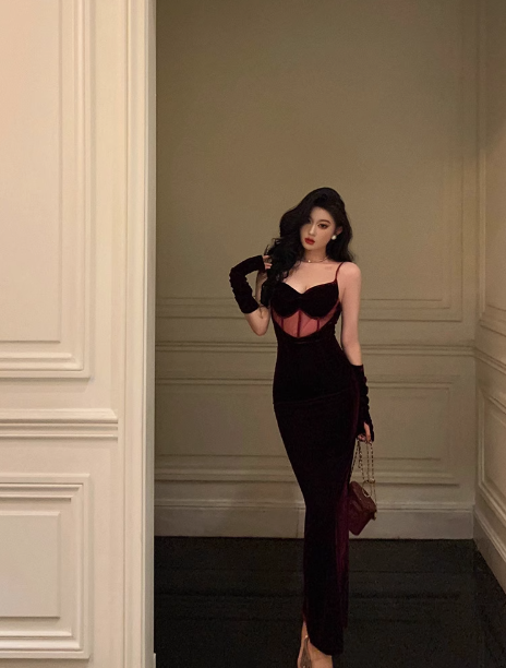 Elegant Mermaid Spaghetti Straps Burgundy Velvet 21st Birthday Dress Party Gown Birthday Outfits Birthday Dress Ideas For Women DP1454