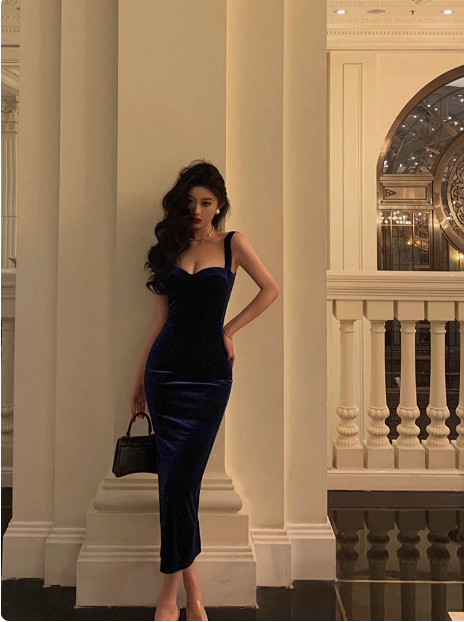 Elegant Glamour Sheath Straps Blue Velvet Prom Gowns Party Dress Classy Gowns Evening Dresses DP1457